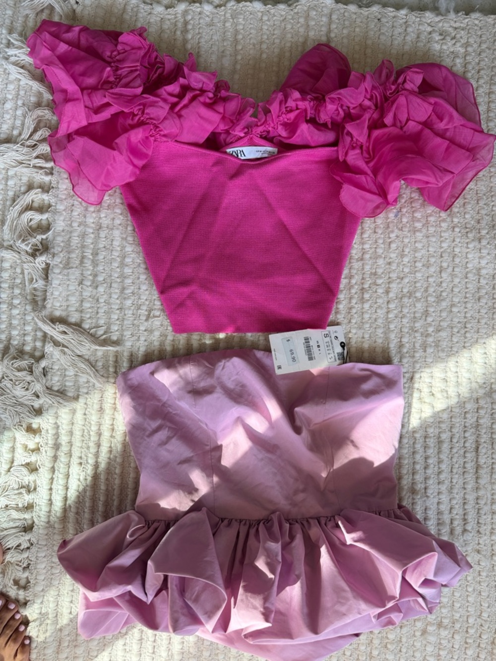 2 Zara Hot Pink Ruffled Off-Shoulder Tops